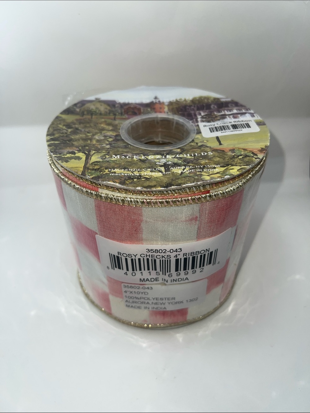 MacKenzie-Childs Pink and White Rosy Check Ribbon with Gold Trim